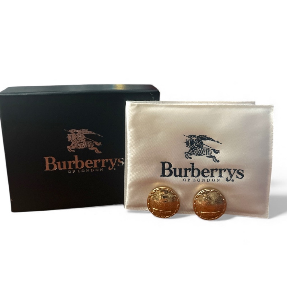 Vintage Burberrys Gold-Tone Clip-On Detailed Earrings w/ Box & Dust Pouch NEW